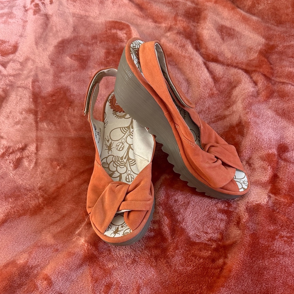 Fly London Orange Suede Platform Wedge Sandals